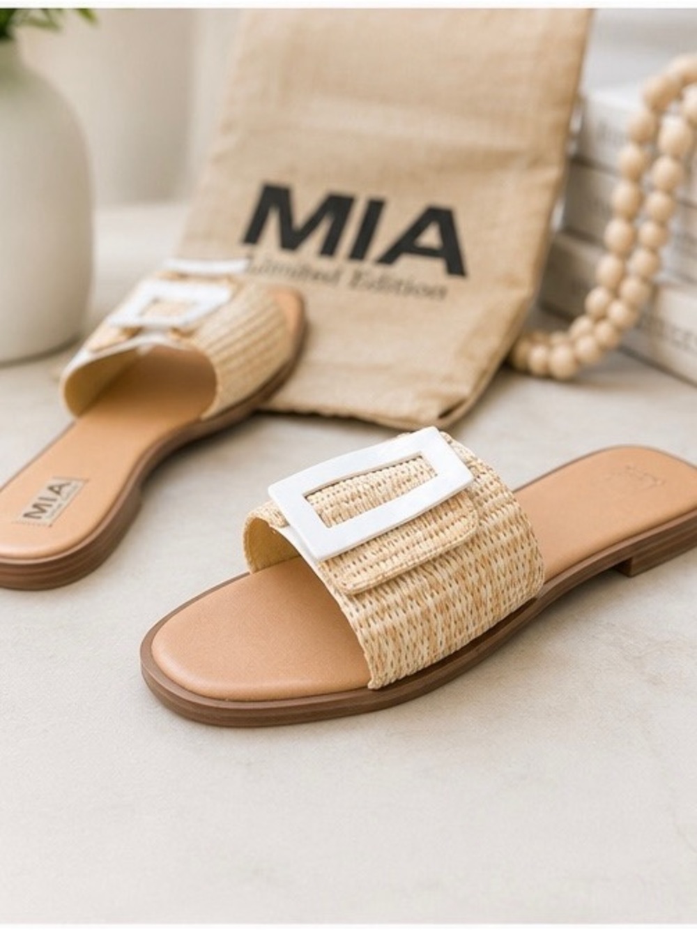 MIA Natural Raffia Slide Sandals with White Buckle Accent